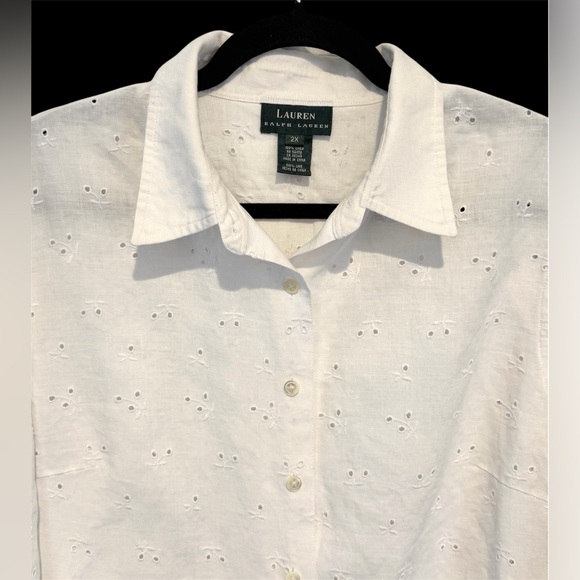 Lauren Ralph Lauren 100% Linen White Eyelet Top Shirt Scalloped Womens Plus 2X - Picture 2 of 12
